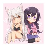  :3 amanda_evelyn_earl animal_ears barefoot black_bra black_hair black_hanekawa black_legwear black_panties bra braid breasts cat_ears chibi cleavage dual_persona fangs full_body glasses hair_ornament hairclip hanekawa_tsubasa large_breasts long_hair monogatari_(series) multiple_girls panties paw_pose purple_eyes school_uniform silver_hair sitting skirt slit_pupils smile twin_braids underwear v-shaped_eyebrows very_long_hair yellow_eyes 