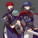  cape fire_emblem fire_emblem:_rekka_no_ken fire_emblem:_souen_no_kiseki fire_emblem_heroes gloves headband ike kmkr male_focus multiple_boys raven_(fire_emblem) red_eyes red_hair short_hair simple_background weapon 