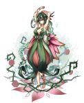  armpits arms_up bangs bare_shoulders barefoot blindfold breasts cleavage closed_mouth collarbone dress facing_viewer flower green_dress green_hair head_tilt highres kazana_(sakuto) large_breasts long_hair original plant_girl red_flower red_rose rose solo standing thorns very_long_hair 