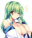  ;) bare_shoulders blush breast_hold breasts commentary_request covering covering_breasts detached_sleeves eyebrows_visible_through_hair frog_hair_ornament green_hair hair_between_eyes hair_ornament kochiya_sanae large_breasts long_hair looking_at_viewer one_eye_closed ryokushiki_(midori-ya) shiny shiny_hair simple_background smile snake_hair_ornament solo touhou white_background yellow_eyes 