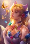  ahri animal_ears backlighting bare_shoulders blonde_hair blue_eyes breasts bug butterfly choker cleavage cleavage_cutout detached_sleeves fox_ears highres insect large_breasts league_of_legends lips long_hair magical_girl nose parted_lips solo star_guardian_ahri yang_fan 