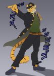  2018 anthro belt chain clothed clothing coat cosplay feline footwear fully_clothed fur green_eyes hat invalid_tag jojo&#039;s_bizarre_adventure jotaro_kujo jungabeast lurien_(character) male mammal orange_fur pants pointing pose shirt shoes solo stripes tiger 