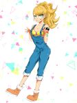  absurdres aqua_eyes bangs blonde_hair blunt_bangs bra breasts brown_footwear denim freckles full_body hands_up highres long_hair looking_at_viewer medium_breasts overalls pocket ponytail shoes simple_background solo spiked_armlet suspenders suspenders_pull tatsunoko_777 underwear yellow_bra 