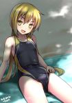  alternate_costume artist_name black_swimsuit blonde_hair competition_swimsuit cowboy_shot dappled_sunlight dated highres kantai_collection long_hair looking_at_viewer low_twintails one-piece_swimsuit open_mouth satsuki_(kantai_collection) sitting smile solo sunlight swimsuit tsuchimiya twintails yellow_eyes 