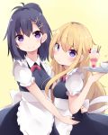  apron bangs black_dress black_hair blonde_hair blush breasts closed_mouth collared_dress commentary cup dress eyebrows_visible_through_hair gabriel_dropout hair_between_eyes hand_up hands_on_another's_hips highres holding holding_tray kyuukon_(qkonsan) long_hair looking_at_viewer medium_breasts multiple_girls parfait pink_ribbon puffy_short_sleeves puffy_sleeves purple_eyes ribbon short_sleeves simple_background smile teacup tenma_gabriel_white tray tsukinose_vignette_april very_long_hair wafer_stick waist_apron waitress white_apron yellow_background 