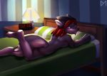 anthro bed breasts butt canine clock diaminerre female interior invalid_tag lamp lying mammal night nude on_front purple_eyes side_boob time wait warm wolf ych 