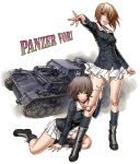  akiyama_yukari brown_eyes brown_hair girls_und_panzer ground_vehicle highres military military_vehicle motor_vehicle multiple_girls nishizumi_miho ooarai_military_uniform panzerkampfwagen_iv short_hair skirt tank white_background yamashita_shun'ya 