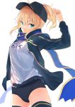  ahoge arm_up artoria_pendragon_(all) bangs baseball_cap black_legwear blonde_hair blue_eyes blue_scarf buruma closed_mouth commentary_request cowboy_shot eyebrows_visible_through_hair fate/grand_order fate_(series) gym_shirt gym_uniform hair_between_eyes hat highres looking_at_viewer mysterious_heroine_x name_tag nanotaro open_track_jacket ponytail rojiura_satsuki:_chapter_heroine_sanctuary scarf shirt sidelocks simple_background solo thighhighs thighs white_background 