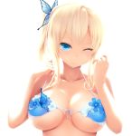  arms_up bikini blonde_hair blue_bikini blue_eyes boku_wa_tomodachi_ga_sukunai breasts butterfly_hair_ornament butterfly_ornament cait collarbone eyes_visible_through_hair flower front-tie_bikini front-tie_top hair_ornament highres kashiwazaki_sena light_smile looking_at_viewer naughty_face one_eye_closed shadow side_ponytail solo string_pull swimsuit underboob upper_body white_background 