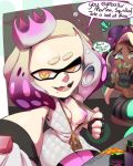  beauty_mark breasts cephalopod clothing crown dark_skin dialogue drunk duo english_text fangs female fingerless_gloves flashing gloves green_eyes hi_res humanoid inkling looking_at_viewer marina_(splatoon) marine mask navel nintendo nipples not_furry octoling pearl_(splatoon) sitting smile splatoon tentacle_hair tentacles text thehumancopier video_games yellow_eyes 