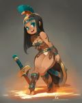  absurdres aqua_eyes armor bare_shoulders barefoot bikini_armor breasts brown_hair commentary dark_skin eyeshadow full_body gladiator highres long_hair looking_at_viewer makeup medium_breasts open_mouth original panties round_teeth shield smile solo sword teeth thick_thighs thighs toeless_legwear toenail_polish toes underwear watermark weapon web_address xavier_houssin 