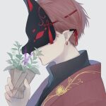  1boy bouquet coat covered_eyes ear_ribbon earclip earrings embroidery fingernails floral_print flower flower_over_mouth fox_mask from_side grey_background highres holding jewelry male_focus mask original pointy_ears popped_collar portrait profile purple_flower red_coat red_hair red_theme simple_background smelling_flower solo tassel tsuki_mitsu wrapper 