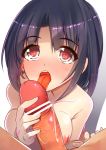  1boy 1girl bar_censor black_hair blush breasts censored fellatio gaichi handjob hetero kantai_collection licking licking_penis looking_at_viewer nipples open_mouth penis red_eyes saliva short_hair takao_(kantai_collection) tongue tongue_out white_background 