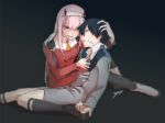  1girl black_hair black_legwear boots brown_footwear commentary_request couple darling_in_the_franxx green_eyes hair_ornament hairband hand_on_another's_chest hand_on_another's_head hetero hiro_(darling_in_the_franxx) horns long_hair military military_uniform necktie oni_horns orange_neckwear pantyhose pink_hair red_horns red_neckwear shoes signature sitting sitting_on_person socks twbbs-yao uniform white_footwear white_hairband zero_two_(darling_in_the_franxx) 