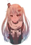  amatsukaze_(kantai_collection) bare_shoulders black_gloves blonde_hair blush brown_eyes closed_mouth cosplay elbow_gloves embarrassed gloves hair_ornament kantai_collection long_hair looking_at_viewer necktie remodel_(kantai_collection) rinto_(rint_rnt) scarf sendai_(kantai_collection) sendai_(kantai_collection)_(cosplay) simple_background solo tassel two_side_up v_arms white_background white_scarf 