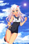  blue_eyes blue_sky cloud covered_navel day flower hair_flower hair_ornament highres k2 kantai_collection long_hair looking_at_viewer ocean one-piece_swimsuit open_hand open_mouth reaching_out ro-500_(kantai_collection) sailor_collar school_swimsuit sky smile solo sun swimsuit tan tanline white_hair 