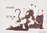  1boy 1girl android black_clothes black_gloves black_legwear black_skirt breasts cat_ears feather-trimmed_sleeves high_heel_boots juliet_sleeves nier_(series) nier_automata puffy_sleeves short_hair tail thigh_boots thighhighs thighhighs_under_boots yorha_no._2_type_b yorha_no._9_type_s 