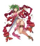  anklet bangs bare_shoulders blush bow breasts earrings fire_emblem fire_emblem:_seisen_no_keifu fire_emblem_heroes full_body green_eyes hair_bow highres holding holding_sword holding_weapon jewelry leen_(fire_emblem) long_hair looking_away medium_breasts midriff official_art open_mouth pelvic_curtain ponytail reverse_grip sandals shiny shiny_skin sleeveless solo sword thigh_strap torn_clothes transparent_background weapon yoshiku_(oden-usagi) 