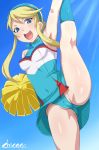  aqua_panties blonde_hair blue_eyes breasts cameltoe cheerleader covered_nipples hairband heroman highres leg_lift lina_davis panties pom_poms shikapu shiny shiny_skin sidelocks signature sleeveless small_breasts solo standing standing_on_one_leg underwear 