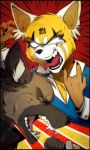  2018 absurd_res aggressive_retsuko anthro clothed clothing digital_media_(artwork) fur haida hi_res hyena male mammal microphone open_mouth red_panda retsuko sanrio simple_background solutarou teeth tongue 