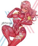  bodysuit breasts commentary darling_in_the_franxx eyeshadow finger_in_mouth flush green_eyes hairband horns jet_kimchrea makeup medium_breasts muscle oni_horns pilot_suit pink_hair red_bodysuit red_horns shiny shiny_hair skin_tight straight_hair uniform white_hairband zero_two_(darling_in_the_franxx) 