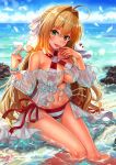  ahoge bangs beach bead_bracelet beads bikini blonde_hair bracelet breasts commentary_request criss-cross_halter day eyebrows_visible_through_hair fate/grand_order fate_(series) hair_between_eyes hair_down hair_intakes halterneck highres jewelry large_breasts long_hair looking_at_viewer navel nero_claudius_(fate)_(all) nero_claudius_(swimsuit_caster)_(fate) npcpepper ocean outdoors red_bikini see-through side-tie_bikini sitting smile solo striped striped_bikini swimsuit thighs tongue tongue_out 