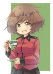  akiyama_yukari alternate_costume amai_nekuta bangs black_skirt brown_eyes brown_hair commentary cup epaulettes eyebrows_visible_through_hair girls_und_panzer holding holding_cup holding_plate jacket long_sleeves looking_at_viewer messy_hair military military_uniform open_mouth plate pleated_skirt red_jacket saucer short_hair skirt smile solo st._gloriana's_military_uniform standing teacup uniform upper_body v-shaped_eyebrows 