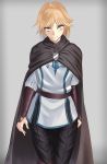  1girl arm_armor baraja_neia belt blonde_hair cape looking_at_viewer overlord_(maruyama) short_hair simple_background solo 