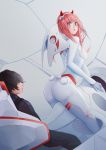  1girl absurdres ass bangs black_bodysuit black_hair bodysuit breasts commentary_request couple crying crying_with_eyes_open darling_in_the_franxx eyebrows_visible_through_hair gloves green_eyes hair_ornament hairband highres hiro_(darling_in_the_franxx) horns long_hair looking_back medium_breasts oni_horns open_mouth pilot_suit pink_hair rabitou red_horns sitting tears white_bodysuit white_gloves white_hairband zero_two_(darling_in_the_franxx) 