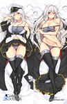  ass_visible_through_thighs azur_lane bad_id bad_pixiv_id bare_shoulders bed_sheet belt black_coat black_footwear black_legwear blush boots bra bra_pull breasts cameltoe closed_eyes coat coat_removed collarbone commentary cuddly_octopus dakimakura enterprise_(azur_lane) frown hair_between_eyes hat highres knee_boots large_breasts long_hair looking_at_viewer multiple_views panties parted_lips peaked_cap purple_eyes skindentation skirt skirt_around_one_leg skirt_lift skirt_pull thigh_gap thighhighs tony_guisado underwear underwear_only very_long_hair watermark web_address white_hair 