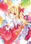  ahoge ascot balloon blonde_hair bloomers blue_bow blush bow commentary_request confetti cowboy_shot crystal dress eyebrows_visible_through_hair fang flandre_scarlet from_behind hair_between_eyes hair_bow head_tilt highres holding holding_balloon looking_at_viewer looking_back no_hat no_headwear open_mouth paragasu_(parags112) petticoat puffy_short_sleeves puffy_sleeves red_bow red_dress red_eyes short_hair short_sleeves side_ponytail simple_background solo standing touhou underwear white_background white_bloomers wings wristband yellow_neckwear 