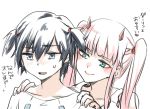  1girl alternate_hairstyle bangs black_hair blue_eyes blush commentary couple darling_in_the_franxx eyebrows_visible_through_hair green_eyes hands_on_another's_shoulders herozu_(xxhrd) hetero hiro_(darling_in_the_franxx) horns long_hair nightgown oni_horns pajamas pink_hair red_horns sweatdrop translated twintails white_nightgown zero_two_(darling_in_the_franxx) 