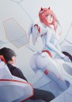  1girl absurdres ass bangs black_bodysuit black_hair bodysuit breasts commentary_request couple crying crying_with_eyes_open darling_in_the_franxx eyebrows_visible_through_hair gloves green_eyes hair_ornament hairband highres hiro_(darling_in_the_franxx) horns long_hair looking_back medium_breasts oni_horns open_mouth pilot_suit pink_hair rabitou red_horns sitting tears white_bodysuit white_gloves white_hairband zero_two_(darling_in_the_franxx) 