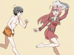  1girl bangs barefoot black_hair blush closed_eyes commentary_request couple darling_in_the_franxx fang flying_sweatdrops hair_ornament hairband hetero hiro_(darling_in_the_franxx) holding holding_towel holding_underwear horns long_hair military military_uniform necktie no_pants oni_horns orange_neckwear orange_towel pink_hair red_horns running shirtless signature taroteaemmmm teardrop towel towel_around_waist uniform white_hairband zero_two_(darling_in_the_franxx) 