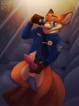  animal_genitalia animal_penis anthro balls bottomless canine canine_penis clothed clothing conditional_dnp disney erection fox kabier male mammal nick_wilde partially_clothed penis police smile solo zootopia 