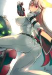  ass ball_and_chain belt blonde_hair breasts grin guilty_gear guilty_gear_xrd halo highres jack-o'_valentine large_breasts long_hair looking_at_viewer looking_back mask pants red_eyes ryuji_(red-truth) signature smile solo thighs tight tight_pants very_long_hair 