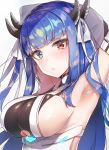  absurdres armpits arms_behind_head arms_up azur_lane bangs blue_eyes blue_hair blush breasts closed_mouth commentary_request detached_sleeves eyebrows_visible_through_hair heterochromia highres horns ibuki_(azur_lane) large_breasts long_hair long_sleeves red_eyes ribbon sideboob sidelocks simple_background solo underboob underboob_cutout white_background white_ribbon yayoichi_(yoruyoru108) 