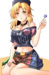  :o bare_shoulders black_shirt blonde_hair blush breasts candy clothes_writing collar collarbone eyebrows_visible_through_hair food hand_up hecatia_lapislazuli highres holding_lollipop large_breasts lollipop looking_at_viewer medium_hair midriff multicolored multicolored_clothes multicolored_skirt navel off_shoulder oshiaki parted_lips plaid plaid_skirt polos_crown print_shirt shirt simple_background sitting skirt solo t-shirt touhou wariza white_background yellow_eyes 