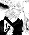  1girl blush closed_eyes elbow_gloves elizabeth_liones gloves greyscale harumiya hug jewelry long_hair meliodas monochrome nanatsu_no_taizai necktie single_earring spoilers tears twitter_username 