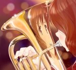  brown_eyes brown_hair candide commentary euphonium hibike!_euphonium instrument music oumae_kumiko playing_instrument puffy_cheeks reflection school_uniform serafuku short_hair solo 