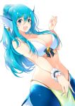  :d absurdres animal_ears bare_shoulders bikini blue_eyes blue_hair blush breasts cleavage commentary_request earrings eyebrows_visible_through_hair fang fins hair_between_eyes hand_up head_fins highres jewelry large_breasts long_hair looking_at_viewer matsunoki_(unknown_751) mermaid monster_girl navel open_mouth original pelvic_curtain ponytail simple_background smile solo swimsuit white_background white_bikini wristband 