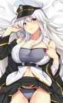  ass_visible_through_thighs azur_lane bad_id bad_pixiv_id bed_sheet belt black_coat blush bra breasts cameltoe collarbone cowboy_shot dakimakura enterprise_(azur_lane) hair_between_eyes hat large_breasts long_hair looking_at_viewer panties parted_lips peaked_cap purple_eyes skirt skirt_lift solo thigh_gap tony_guisado underwear very_long_hair white_hair 