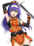  1girl belt blue_hair detached_sleeves fingerless_gloves fire_emblem fire_emblem:_souen_no_kiseki gloves green_eyes hairband headband long_hair looking_at_viewer sword wayu_(fire_emblem) weapon 