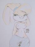 2018 anthro bedroom_eyes big_breasts breasts clothed clothing eyelashes female floppy_ears grin hair half-closed_eyes hi_res lagomorph lola_bunny looney_tunes mammal midriff navel nipples rabbit seductive signature smile solo topless traditional_media_(artwork) warner_brothers wide_hips xylas 