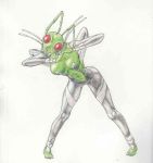  4_arms abdomen alien antennae armor arthropod barefoot bent_over big_breasts breasts claws clothed clothing compound_eyes female green_skin hands_folded hands_on_back insect looking_at_viewer mandibles mantis marvel metal multi_arm multi_limb muscular muscular_female offset pose red_eyes skimpy smile solo thick_thighs toes traditional_media_(artwork) unconvincing_armor wide_hips x-men 