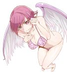  animal_ears barefoot bikini bird_wings blush breasts cleavage commentary_request foreshortening grey_background hanazawa_suou highres large_breasts looking_at_viewer mystia_lorelei pink_bikini pink_eyes pink_hair short_hair solo swimsuit touhou wings 