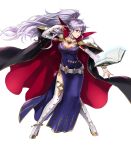  anklet armor bangs belt black_cape book boots bracelet breasts bridal_gauntlets cape casting_spell cleavage collar collarbone dress earrings elbow_gloves fingernails fire_emblem fire_emblem:_seisen_no_keifu fire_emblem_heroes floating floating_object full_body gem gloves high_heel_boots high_heels high_ponytail highres ishtar_(fire_emblem) jewelry large_breasts lavender_hair lips long_hair looking_away official_art open_book parted_lips ponytail purple_dress purple_eyes serious shoulder_pads side_ponytail side_slit sidelocks solo suekane_kumiko thigh_boots thighhighs transparent_background white_footwear white_gloves 