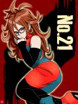  absurdres android_21 arm_warmers blue_eyes brown_hair chris_re5 dragon_ball dragon_ball_fighterz dress earrings glasses hand_on_own_chin high_heels highres hoop_earrings jewelry leggings mismatched_footwear nail_polish pantyhose ring signature solo 