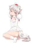  animal_ears blush closed_mouth commentary_request hat highres inubashiri_momiji looking_at_viewer nyanuki pom_pom_(clothes) red_eyes short_hair socks solo tail tokin_hat touhou white_background white_legwear wolf_ears wolf_girl wolf_tail 