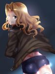  ass backlighting black_shirt blonde_hair blue_eyes blue_shorts brown_jacket commentary cowboy_shot denim denim_shorts dutch_angle girls_und_panzer grin hair_intakes jack_hamster jacket kay_(girls_und_panzer) long_hair long_sleeves looking_at_viewer looking_back military military_uniform open_clothes open_jacket saunders_military_uniform shirt short_shorts shorts smile solo standing uniform 